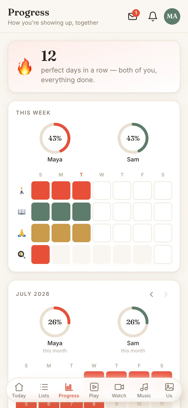 Tandem progress dashboard with streak and heatmap